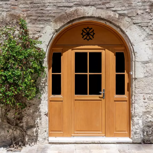 Porte d'entrée Bois cintrée avec vantaux fixes